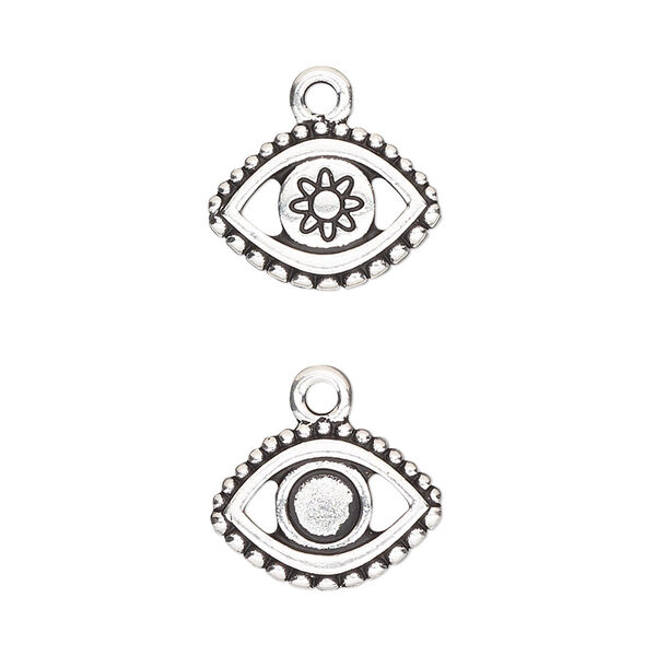 Charm, TierraCast®, "Happy Go Lucky" collection, antique silver-plated pewter (tin-based alloy), 16x11mm two-sided evil eye with SS20 flat back glue-in setting. Sold per pkg of 2. image number 0