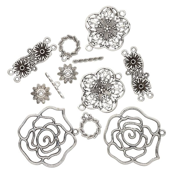 Component, antique silver-plated "pewter" (zinc-based alloy), 14x7mm-42x39mm assorted flower. Sold per pkg of 10. image number 0