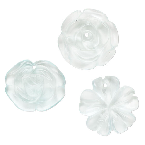 Drop mix, glass, transparent light blue, 25x21mm-26x25mm top-drilled carved flower. Sold per pkg of 3. image number 0