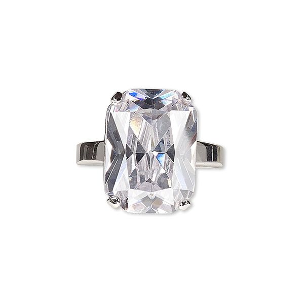 Ring, glass and rhodium-plated brass, clear, 18x13mm rectangle, size 8. Sold individually. image number 0