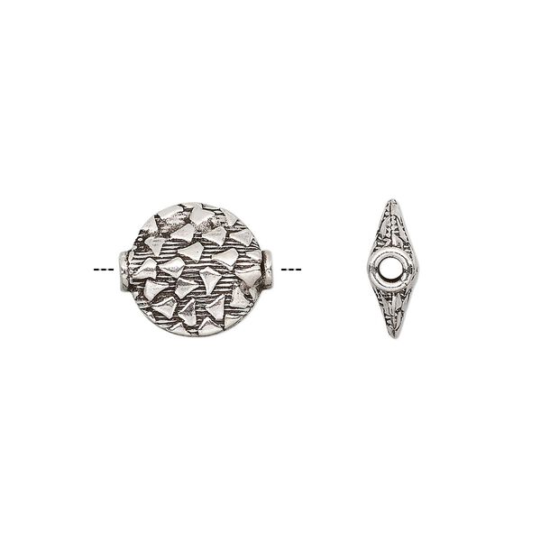 Bead, antiqued sterling silver, 13x12mm flat round with pattern. Sold individually. image number 0