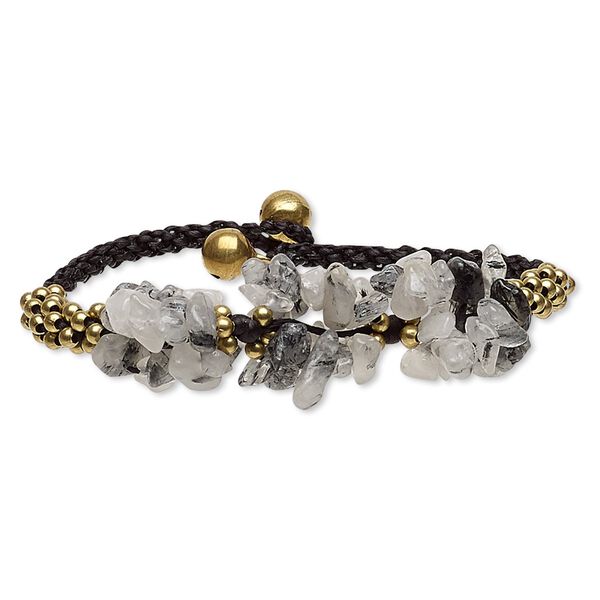 Tourmalinated quartz / nylon / brass / steel 1pkg1, gold-finished chip bracelet natural 7-7.5 inch / 20mm wide / 8mm bell / button clasp image number 0