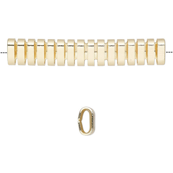 Bead, gold-finished brass, 41.5x7mm cutout oval tube. Sold per pkg of 4. image number 0