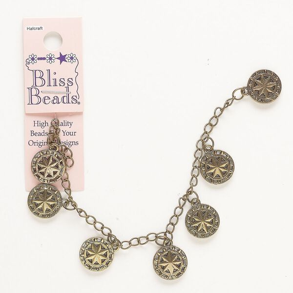Chain, antique gold-finished brass and steel, 3.8mm curb with (7) 15mm compass. Sold per pkg of 7 inches. image number 0