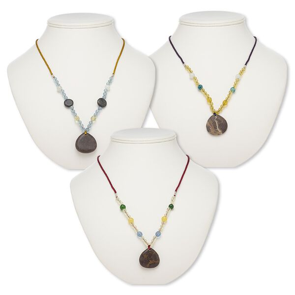 Multi-gemstone / acrylic / glass 1pkg3, teardrop pendant necklace mix continuous loop 20-24 inch 29x28mm-31x30mm image number 0