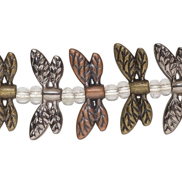 Bead, antique gold- / antique brass- / gunmetal-finished "pewter" (zinc-based alloy) and glass, clear, 22x5mm double-sided dragonfly wings with seed bead spacers. Sold per 4-inch strand. image number 0