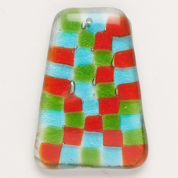 Focal, lampworked glass, opaque blue/ green / multi-colered, 52x36mm-54x38mm top-drilled trapezoid with checkerboard pattern and silver-colored foil. Sold Individually. image number 0