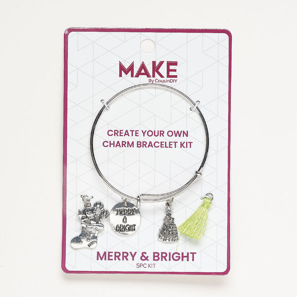 Bracelet and charm assortment, antique silver-finished brass and fabric, green, Merry & Bright theme, 7-1/2 inches. Sold per 5-piece set. image number 0