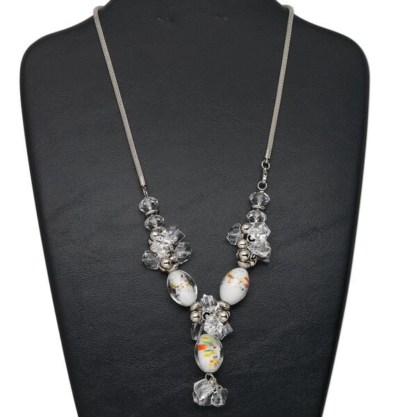 Necklace, acrylic / lampworked glass / steel / silver-finished brass / silver-coated plastic, clear and mixed colors, 24x17mm oval with mixed size and shape, 2-inch dangle, 22 inches with lobster claw clasp. Sold individually. image number 0