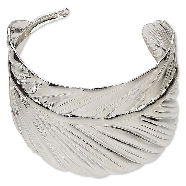 Bracelet, cuff, silver-plated steel, 52mm wide with leaf design, 7 inches. Sold individually. image number 0