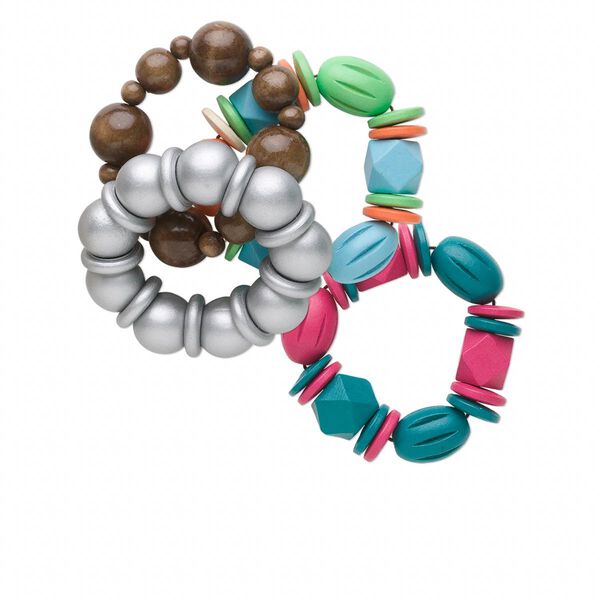 Bracelet, stretch, wood (natural / dyed), multicolored, assorted size and shape, 7 inches. Sold per pkg of 10. image number 0
