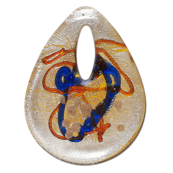 Focal, lampworked glass, clear / opaque red / cobalt blue, 48x38mm-50x39mm teardrop go-go with copper-colored glitter and silver-colored foil. Sold individually. image number 0