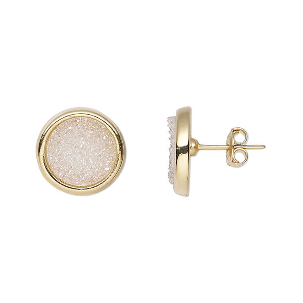 Druzy agate / brass 1pkg2, electroplated gold / 24Kt gold-plated round earstud 13mm image number 0