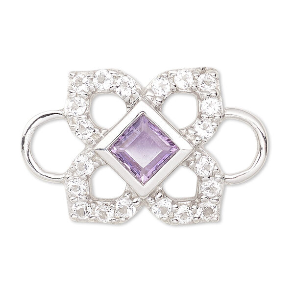 Link, white topaz / amethyst (natural) / sterling silver, 12x12mm single-sided open flower. Sold individually. image number 0
