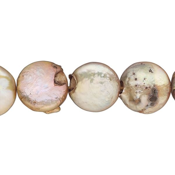 Pearl, cultured freshwater pearl (dyed), gold, 11-13mm flat round, Mohs hardness 2-1/2 to 4. Sold per 15-inch strand, approximately 30 beads. image number 0