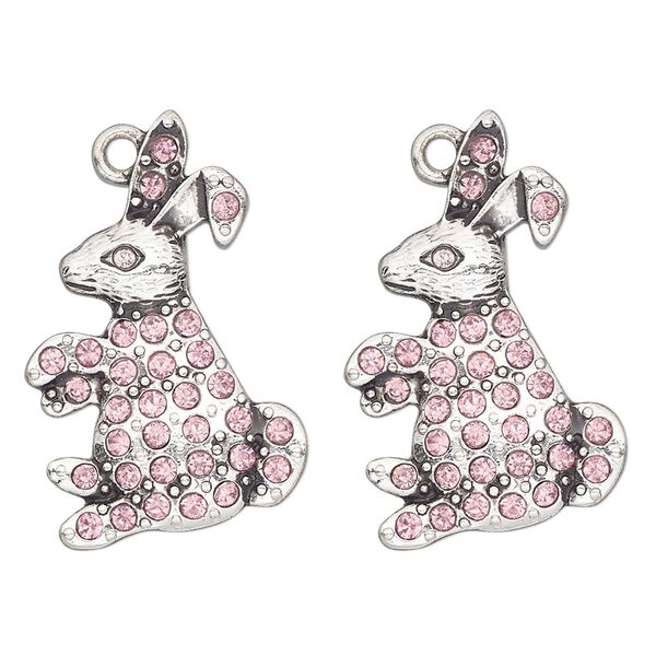 Charm, antique silver-finished "pewter" (zinc-based alloy) and glass, pink, 26x19mm single-sided rabbit. Sold per pkg of 2. image number 0