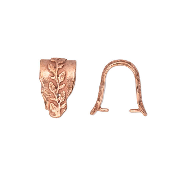 Bail, ice-pick, red bronze, 15x8mm fancy shield with leafy vine design, 12mm grip length. Sold individually. image number 0