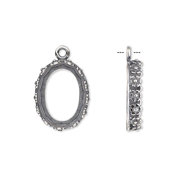 Drop, JBB Findings, antique silver-plated brass, 18x14mm oval with open back and flower design trim, 16x12mm oval bezel setting. Sold per pkg of 2. image number 0