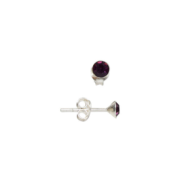 Ear stud, sterling silver and glass, amethyst purple, 4mm round. Sold per pair. image number 0