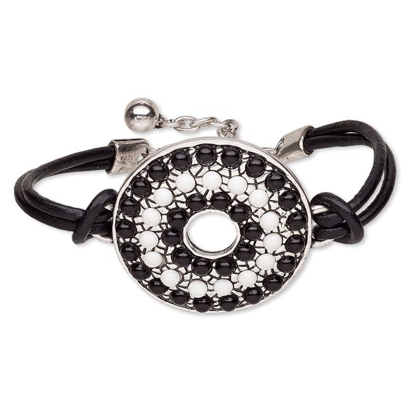 Bracelet, 2-strand, leather (dyed) / resin / antique silver-plated steel / "pewter" (zinc-based alloy), black and white, 43mm round donut, 6-1/2 inches with 2-inch extender chain and lobster claw clasp. Sold individually. image number 0