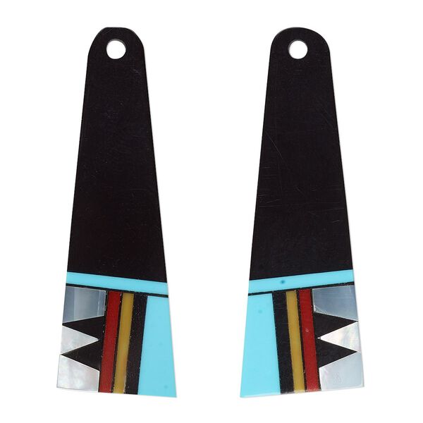 Focal, mother-of-pearl shell and resin, black / turquoise blue / red, 41x14mm single-sided right- and left-facing flat trapezoid. Sold per pkg of 2. image number 0