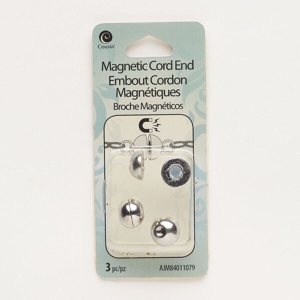 Clasp, magnetic, steel, pkg/3, silver finish, 11x9mm round with glue-in holes. image number 0