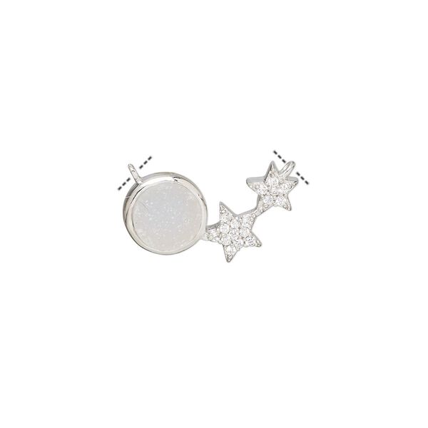 Link, cubic zirconia / druzy agate (natural) / rhodium-plated sterling silver, clear and white, 18x10mm single-sided overall with 7mm round and (2) stars. Sold individually. image number 0