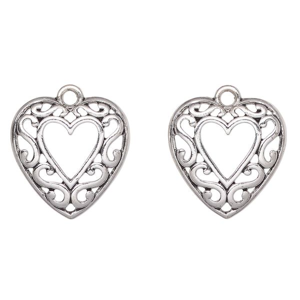 Charm, antique silver-finished "pewter" (zinc-based alloy), 21mm cutout heart with heart swirls. Sold per pkg of 2. image number 0