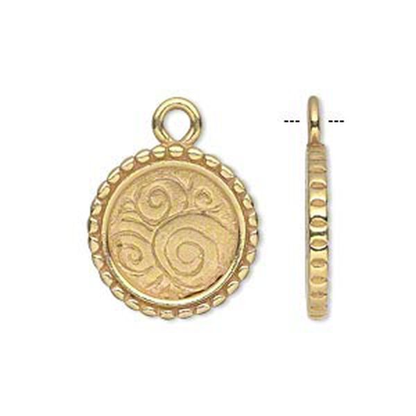 Drop, JBB Findings, gold-plated pewter (tin-based alloy), 18.5mm single-sided flat round frame with beaded edge and swirled background, 14mm round setting. Sold individually. image number 0