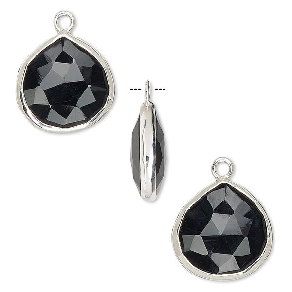 Drop, black onyx (dyed) and sterling silver, 15mm double-sided faceted teardrop. Sold per pkg of 2. image number 0