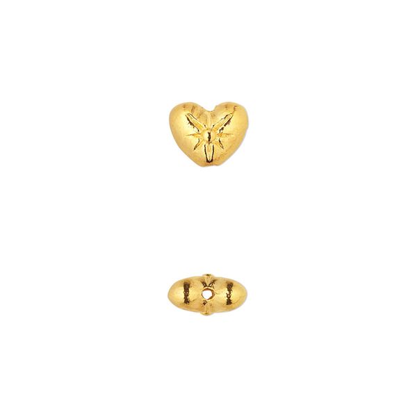 Bead, gold-finished "pewter" (zinc-based alloy), 8x6mm double-sided heart with flower design. Sold per pkg of 50. image number 0