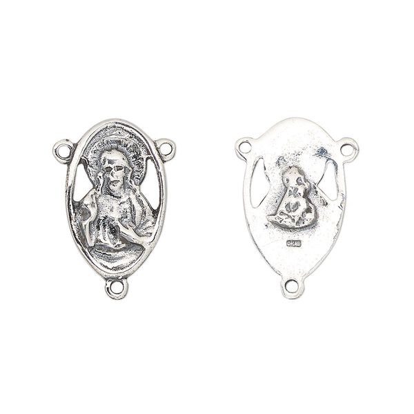 Connector, antiqued sterling silver, 17x11mm oval "Sacred Heart" rosary center. Sold individually. image number 0