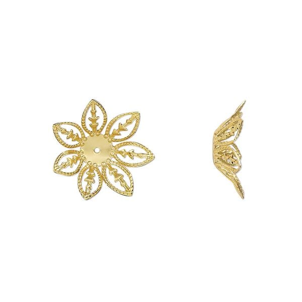 Bead cap, gold-finished steel, 14.5x4mm leaves, fits 8-10mm round bead. Sold per pkg of 20. image number 0