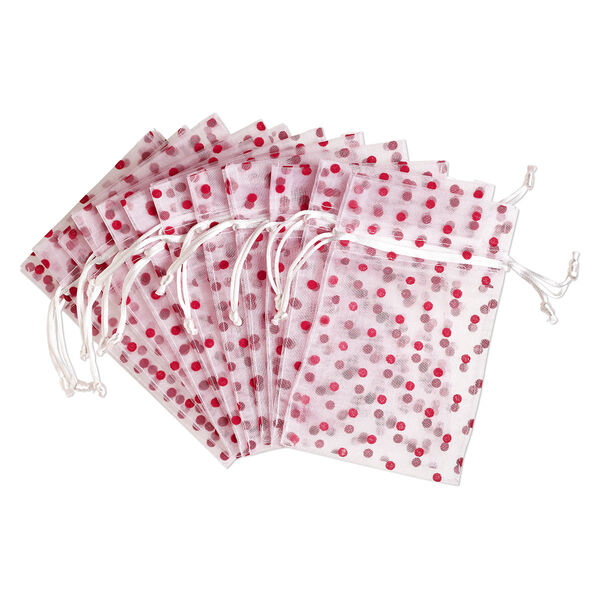 Pouch, flocked organza, white and red, 6x4 inches with dots pattern and drawstring closure. Sold per pkg of 12. image number 0