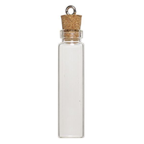 Component, glass / cork / nickel-finished steel, clear, 45x11mm bottle with stopper and screw eye. Sold per pkg of 100. image number 1