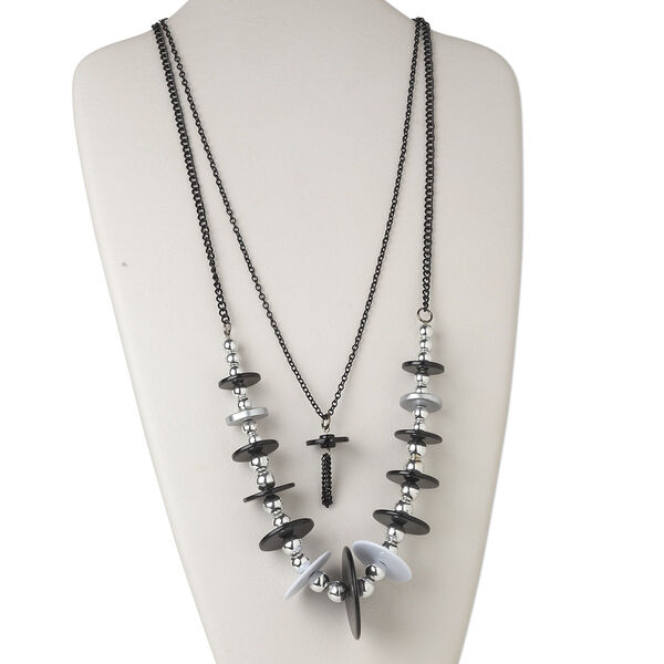 Necklace, acrylic and steel, white / silver / black, 20-44mm graduated flat round, 27-inch continuous loop. Sold individually. image number 0