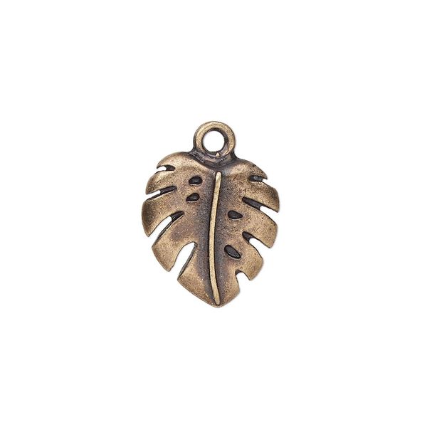 Charm, TierraCast®, antique brass-plated pewter (tin-based alloy), 16x14.5mm monstera leaf. Sold individually. image number 0