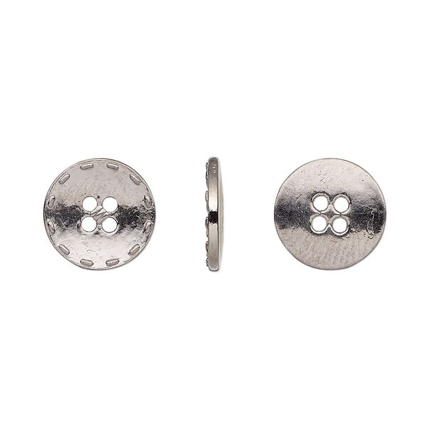 Button, gunmetal-finished "pewter" (zinc-based alloy), 12mm single-sided flat round with stitched edge. Sold per pkg of 50. image number 0