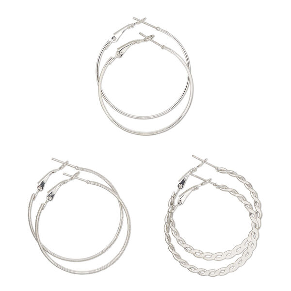Earring, Everyday Jewelry, nickel-finished steel, 40mm hoop with smooth / textured / braided designs, latch-back closure. Sold per pkg of 3 pairs. image number 0
