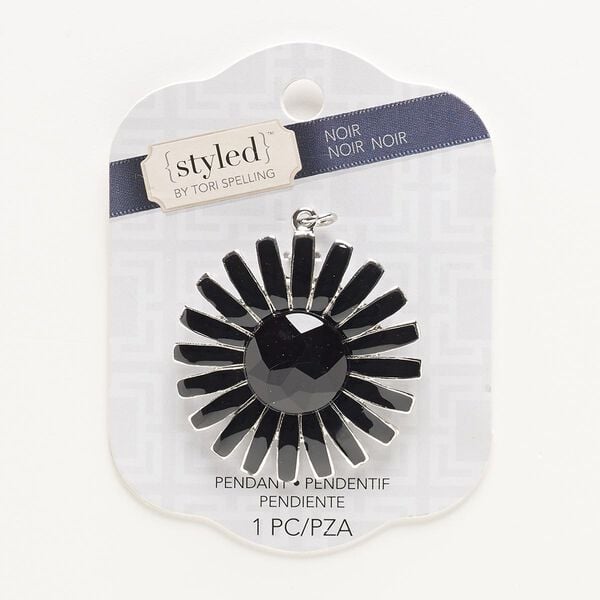 Focal, enamel / acrylic / silver-finished "pewter" (zinc-based alloy), black, 48x48mm flower with hidden loop. Sold individually. image number 0
