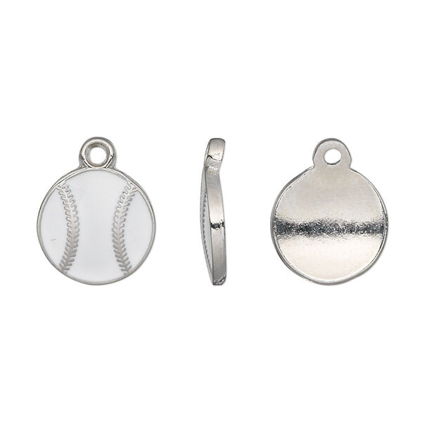 Charm, enamel and pewter (tin-based alloy), white, 12.5mm baseball. Sold per pkg of 2. image number 0