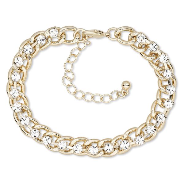 Bracelet, glass rhinestone with gold-finished steel and brass, clear, 8mm wide with cupchain, 6-1/2 inches with 2-inch extender chain and lobster claw clasp. Sold individually. image number 0