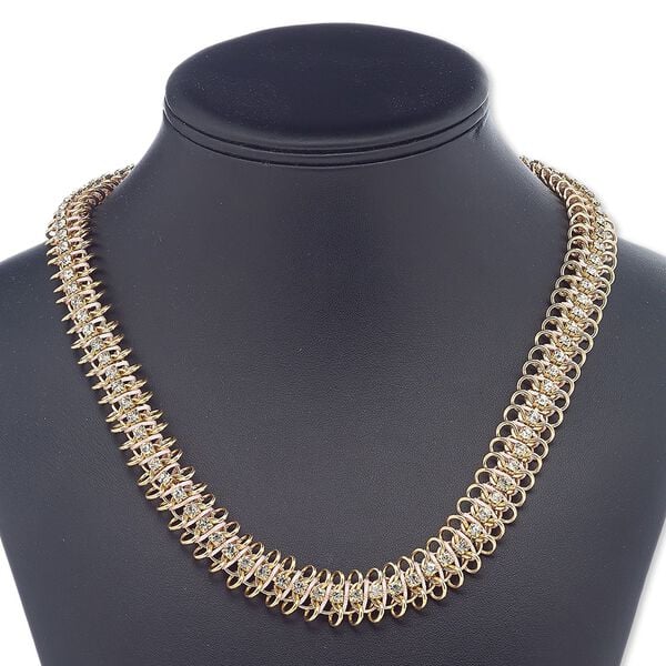 Necklace, glass rhinestone / nylon / gold-finished brass / steel / "pewter" (zinc-based alloy), light pink and clear, 15mm wide, 16-1/2 inches with 4-1/2 inch extender chain and lobster claw clasp. Sold individually. image number 0