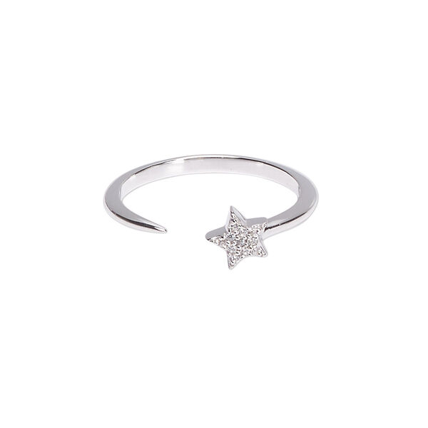 Ring, Create Compliments®, cubic zirconia and rhodium-plated sterling silver, clear, 6.5mm wide with star, size 8. Sold individually. image number 0