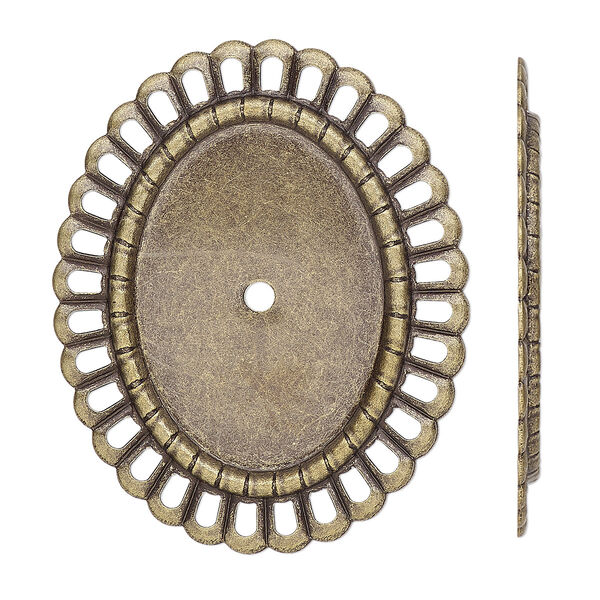 Mount, antique brass-finished brass, 37x30mm fancy oval with rope edge and 25x18mm oval setting. Sold per pkg of 6. image number 0