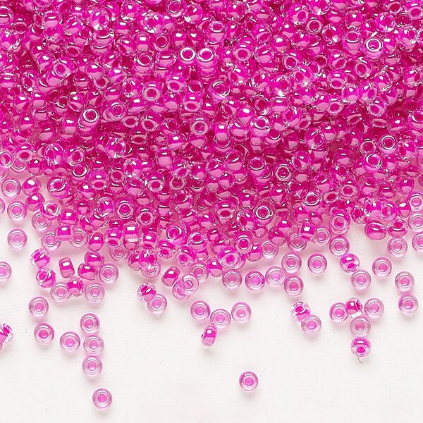 Seed bead, Miyuki, glass, pkg/250g, #11 rocaille, translucent fuchsia-lined luster crystal clear (RR-209). image number 0