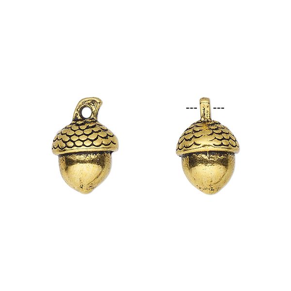 Charm, antique gold-finished "pewter" (zinc-based alloy), 11x10mm 3D acorn. Sold per pkg of 4. image number 0