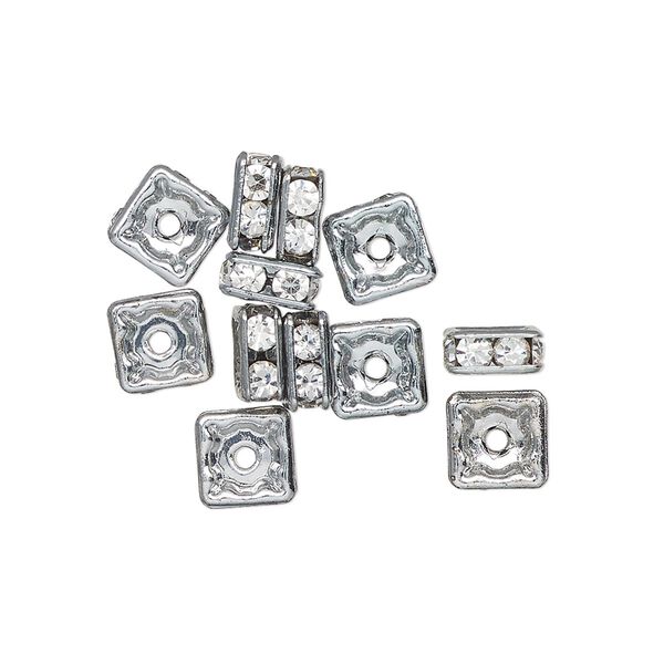 Bead, imitation rhodium-finished "pewter" (zinc-based alloy) and glass, clear, 7mm square rondelle. Sold per pkg of 12. image number 0
