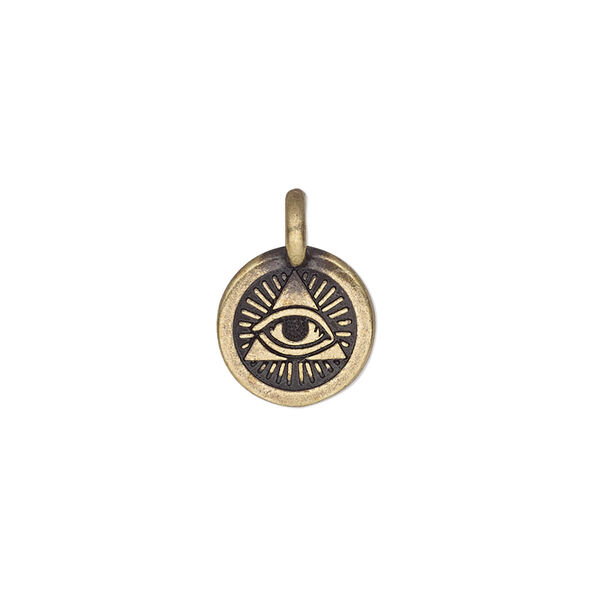 Charm, TierraCast®, antique brass-plated pewter (tin-based alloy), 12mm single-sided round with Eye of Providence. Sold per pkg of 2. image number 0