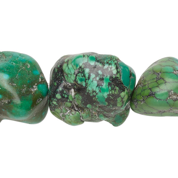 Bead, turquoise / magnesite / "turquoise" (dyed / stabilized / imitation), green, large rough nugget, Mohs hardness 5 to 6. Sold per 15-1/2" to 16" strand. image number 0
